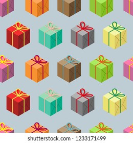 Vector pattern with the image of gift boxes with bows of different bright colors for holidays.