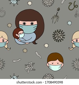 Vector pattern image of a woman and her children in medical masks with viruses and bacteria around.