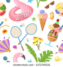 Vector pattern with images that capture the spirit of summer, summertime such as flamingo inflatables, ice cream, popsicles, fruits, tropical leaves. Beach vacation, fun, sunbathing. Vector pattern.