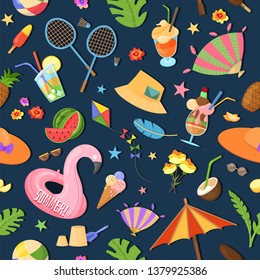 Vector pattern with images that capture the spirit of summer, summertime such as flamingo inflatables, ice cream, popsicles, fruits, tropical leaves. Beach vacation, fun, sunbathing. Vector pattern.