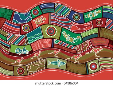 Vector pattern including ethnic Australian motive with multicolored typical elements