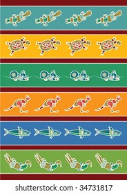 Vector pattern including ethnic Australian motive with multicolored typical animals