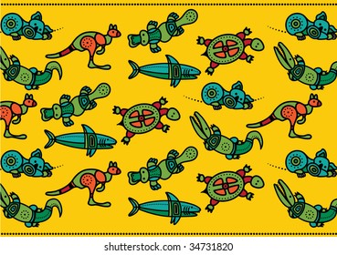 Vector pattern including ethnic Australian motive with multicolored typical animals