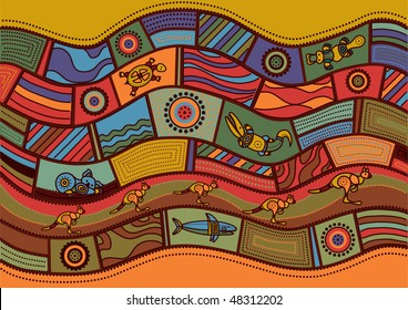 Vector pattern including ethnic Australian motive with multicolored typical elements