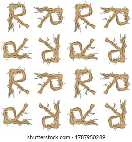 Vector pattern from the initial letter R. Decorative font from tree roots. Environmental design. Nature typography