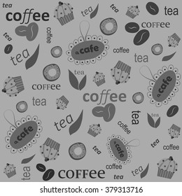 Vector pattern. Inscription of coffee, tea on a gray background. Suitable for cafes.