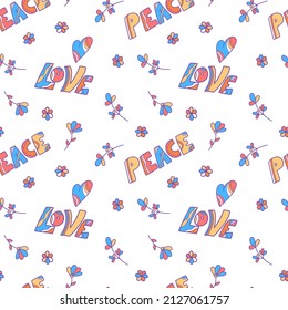 Vector pattern with the inscription Peace and Love in hippie style, hippie flowers, botany, stylish modern illustration for posters, gift wrapping, clothes, teenagers.