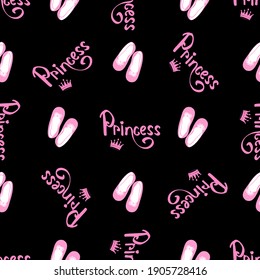 vector pattern with the inscription Princess, crown and shoes in pink on a black background