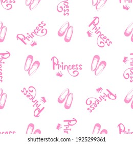 vector pattern with the inscription Princess, crown and shoes in pink on a white background