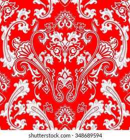 Vector pattern inspired by  paisley. Damask seamless pattern, texture hand drawn in red, white colors. Vintage print for fashion, textile, decor, wrapping, wallpaper. 
