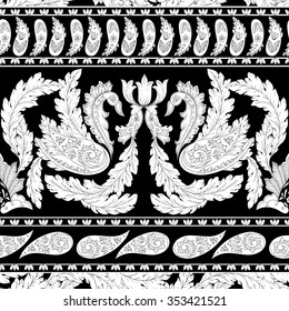 Vector pattern inspired by paisley. Damask seamless pattern, texture hand drawn in black, white colors. Vintage print for fashion, textile, decor, wrapping, wallpaper.