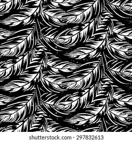 Vector pattern inspired by tropical birds, parrots wings, husta leaves. Seamless feather texture hand drawn in black and white colors with lines and stripes. Bold print for winter fall fashion