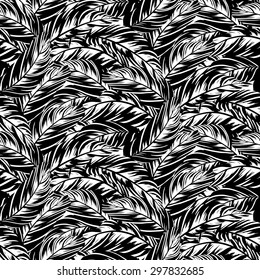 Vector pattern inspired by tropical birds, parrots wings, husta leaves. Seamless feather texture hand drawn in black and white colors with lines and stripes. Bold print for winter fall fashion