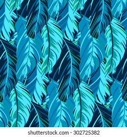 Vector pattern inspired by tropical birds, parrots wings. Seamless feather texture hand drawn in cool blue colors with lines, stripes and abstract shapes. Bold print for winter fall fashion