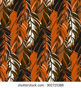 Vector pattern inspired by tropical birds, parrots wings. Seamless feather texture hand drawn in organic brown colors with lines, stripes and abstract shapes. Bold print for winter fall fashion