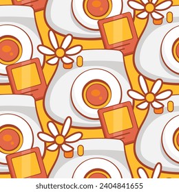 Vector pattern of instant cameras in cute cartoon style.
