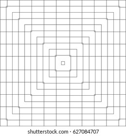Vector pattern of intersecting and nested squares. A black and white grid layout.
