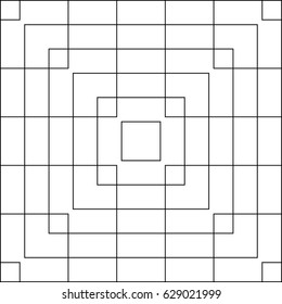 Vector pattern of intersecting and nested squares. A black and white grid layout.