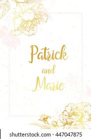Vector pattern invitation, golden peony flowers on a white background. Romantic invitation. Wedding