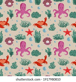 vector pattern with iorean inhabitants for printing on textiles and wrapping paper. Seamless pattern with bright octopus, starfish crab, aquatic plants.