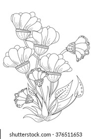 Vector pattern. Isolated bouquet of abstract flowers. Coloring book page for adult. 