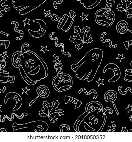 Vector pattern with isolated symbols of Halloween - pumpkins, ghosts, sweets, potions, candles on black color. Cartoon background for use in design