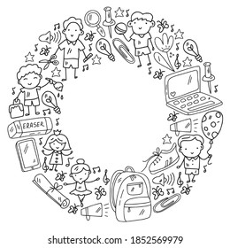 Vector pattern with items for school. Online internet education, e-learning.