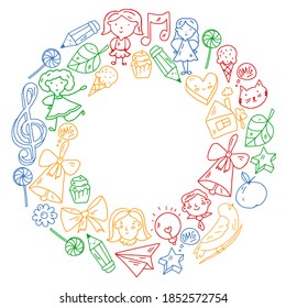 Vector pattern with items for school. Online internet education, e-learning.