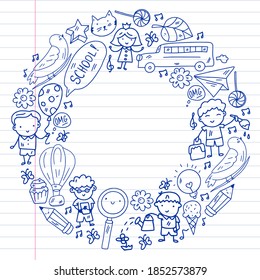 Vector pattern with items for school. Online internet education, e-learning.