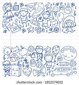 Vector pattern with items for school. Online internet education, e-learning.