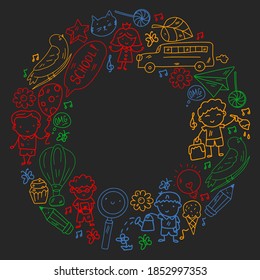 Vector pattern with items for school. Online internet education, e-learning.