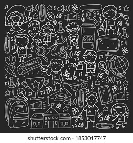 Vector pattern with items for school. Online internet education, e-learning.