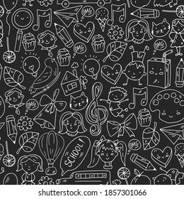 Vector pattern with items for school. Online internet education, e-learning.