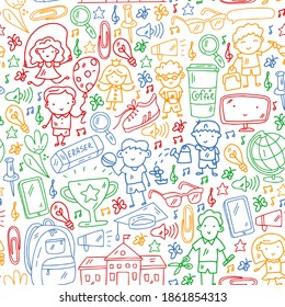 Vector pattern with items for school. Online internet education, e-learning.