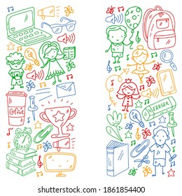 Vector pattern with items for school. Online internet education, e-learning.