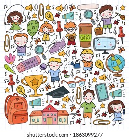 Vector pattern with items for school. Online internet education, e-learning.