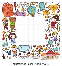 Vector pattern with items for school. Online internet education, e-learning.