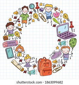 Vector pattern with items for school. Online internet education, e-learning.