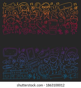 Vector pattern with items for school. Online internet education, e-learning.