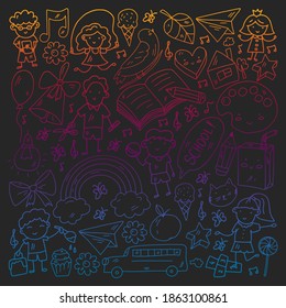 Vector pattern with items for school. Online internet education, e-learning.