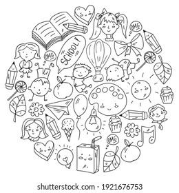 Vector pattern with items for school. Online internet education, e-learning.