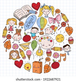 Vector pattern with items for school. Online internet education, e-learning.