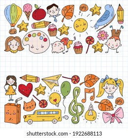 Vector pattern with items for school. Online internet education, e-learning.
