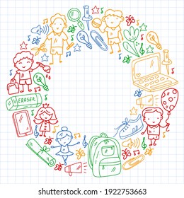 Vector pattern with items for school. Online internet education, e-learning.