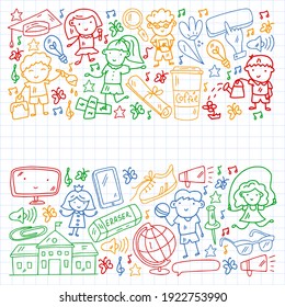 Vector pattern with items for school. Online internet education, e-learning.