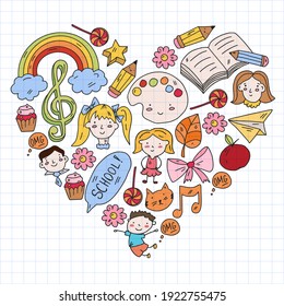 Vector pattern with items for school. Online internet education, e-learning.