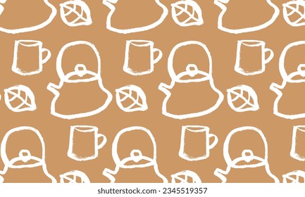Vector pattern of items for tea drinking. Teapot, cup, leaves. White on beige, calligraphy, hand drawing, sketch, ink, East, Japan, China. Wallpaper, background, wrapping paper, fabric, tea ceremony.