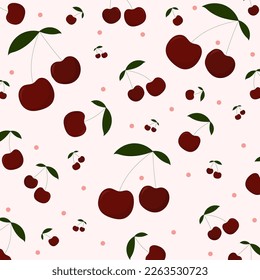 Vector pattern of juicy cherries with green leaves on a soft pink background. Red cherry berries. Suitable for prints, cards and children's wrapping paper. The image highlights the smooth, round shape