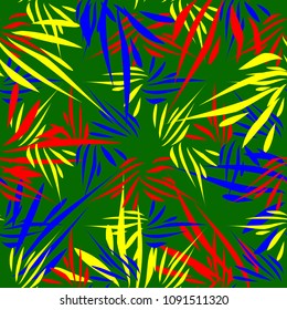 Vector pattern of kaleidoscopic ornaments of bright multi colored blades of grass on a green background in vintage style. For fabric or paper.
