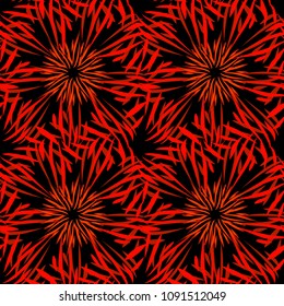 Vector pattern of kaleidoscopic ornaments of red and orange lines on a black background in vintage style. For fabric or paper.
